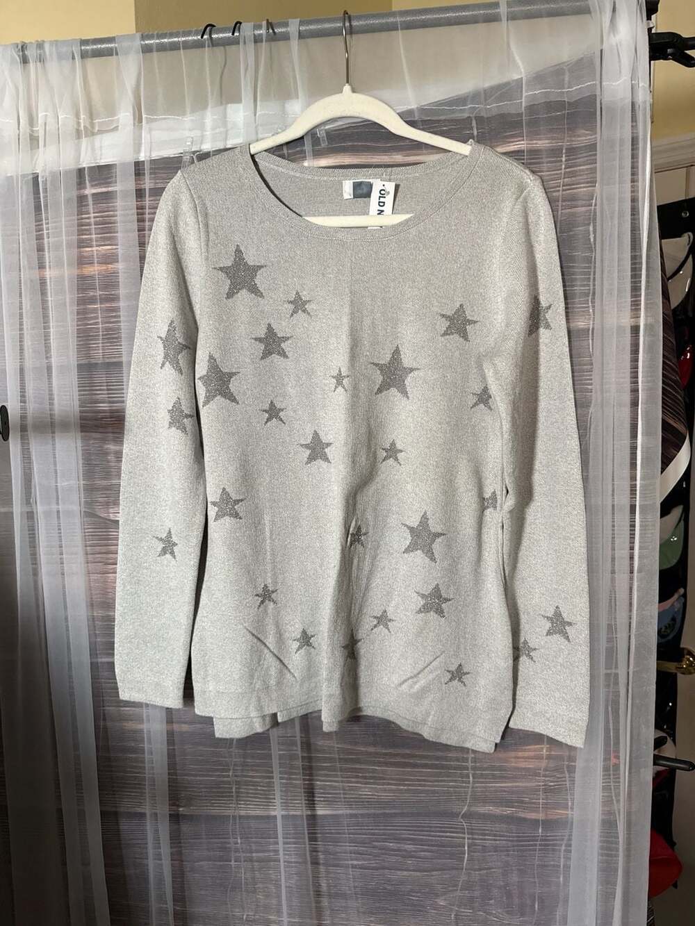 Old Navy Women's Silver Gray Glitter Star Knit Sweater Size L